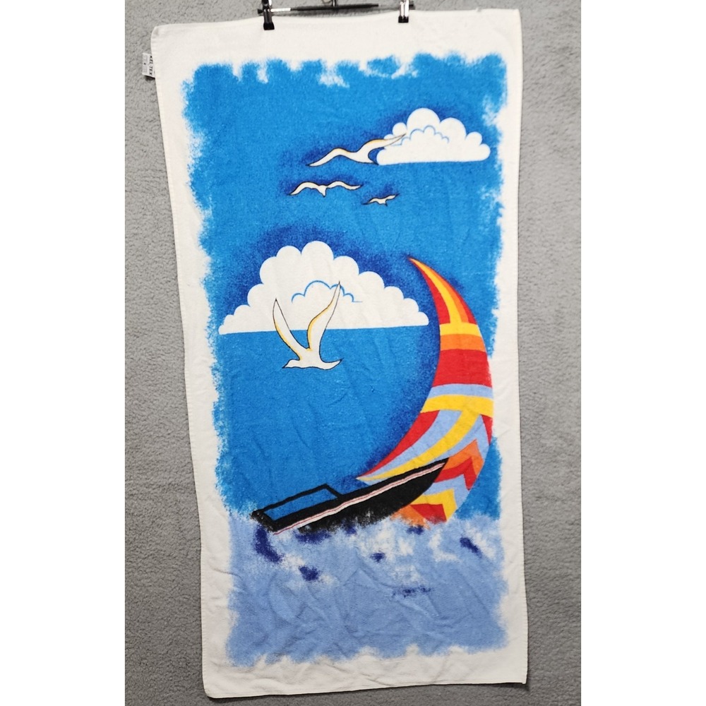 Kel-Tex by Schlosser Beach Towel Vintage Sailboat Beach Bird Clouds 80's 90's